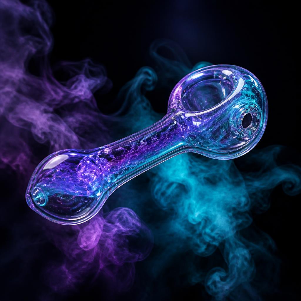 Hand-blown glass pipe surrounded by purple and cyan smoke